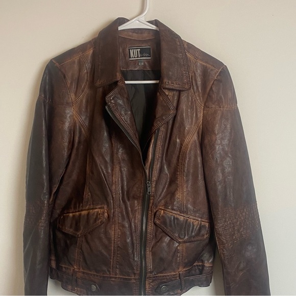 Kut from the Kloth Vegan Leather Jacket Burnout Brown Full Zip Moto Medi… - Picture 11 of 12